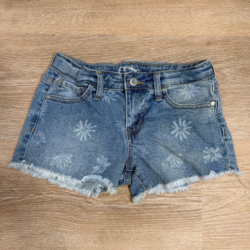 Art Class Daisy Floral Print Denim Mini Shorts Blue Wash Size L 10/12